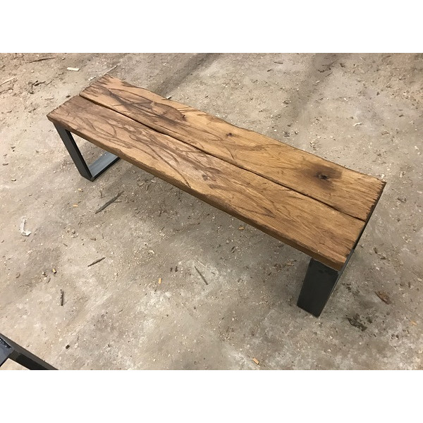 Sitzbank, Altholz-Antik Design, Industrial, Eichenbohlen im Altholz-Stil auf Kufengestell 120x43,5x40cm